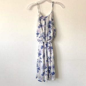 Flowy halter white dress with blue & purple flowers